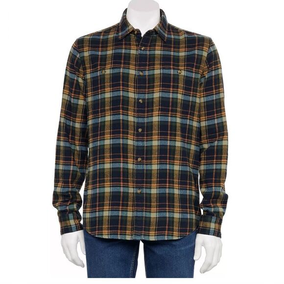 Sonoma Flannel Button-Down Shirt Navy Olive Pink Plaid L NWT - Picture 1 of 2
